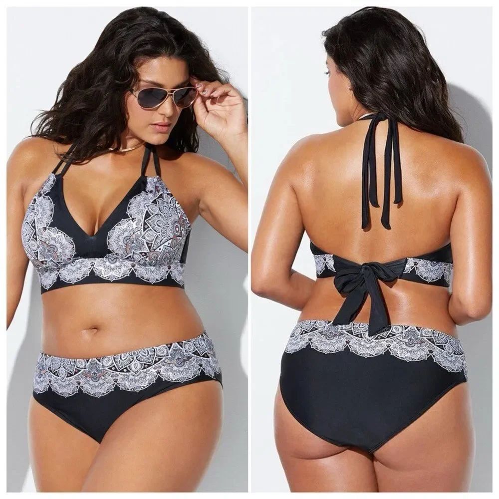 Swimsuits For All AVENGER HALTER BIKINI SET Black White Lace Print Size 20